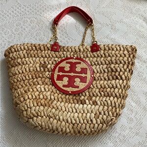 Tory Burch Ella Straw Bag Tote Large Red Logo